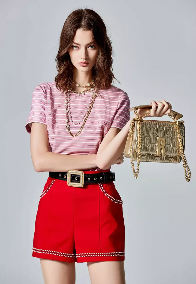 Stripe Print Short Sleeve Pink Top