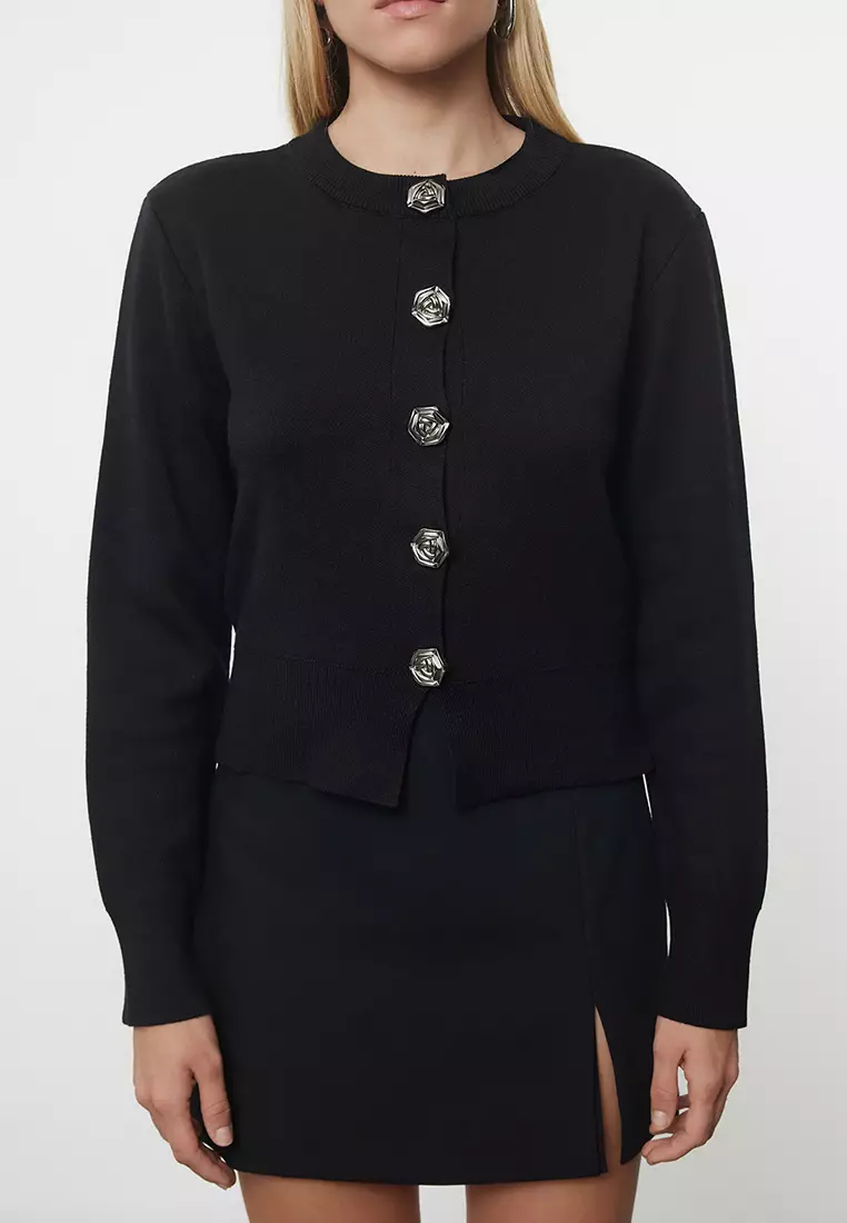 Black Yarn/Special Yarn Crop Rose Button Detail Jacket-Look Knitted Cardigan TWOAW25HI00110