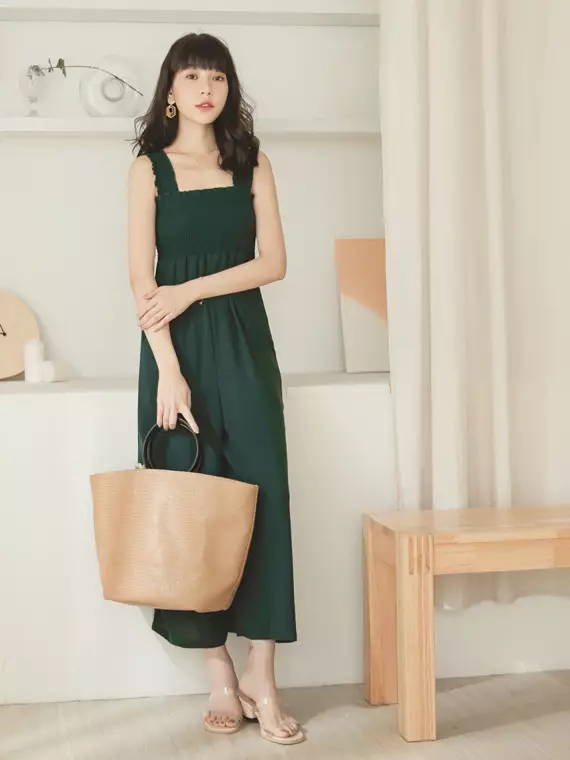 Buy OBSTYLE Solid Color Square Neck Elastic Waist Suspenders Wide Pants - 3  Colors《BA4283》 in Dark Green 2024 Online