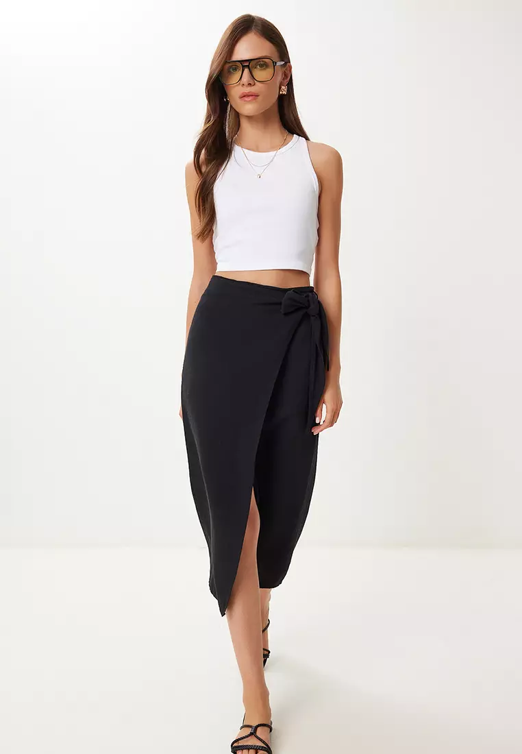 Women's Black Asymmetrical Linen Skirt With Tie Detail Bv00132