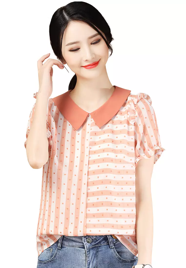 Summer Stand Collar A Line Embroidery Doll T Shirt Women Blouse Q1006