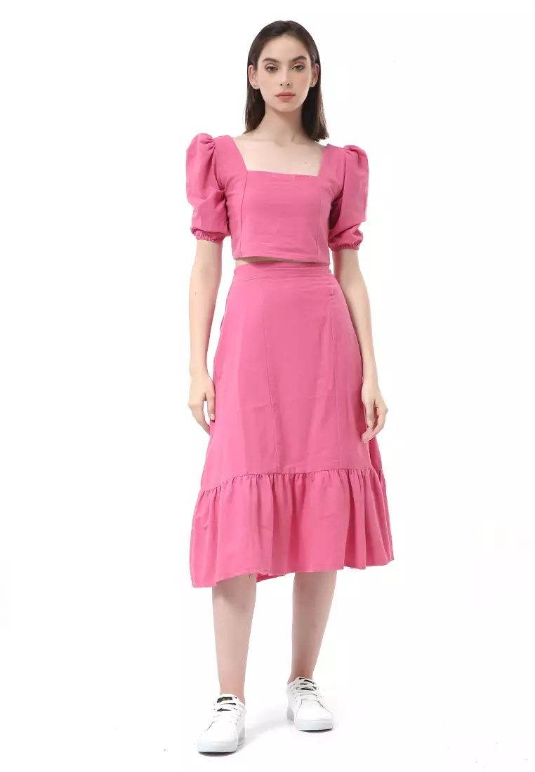 Nayra One Set Setelan Wanita Blouse Ruffle Lengan Pendek Midi Skirt Material Linen ORIGINAL - Fuschia