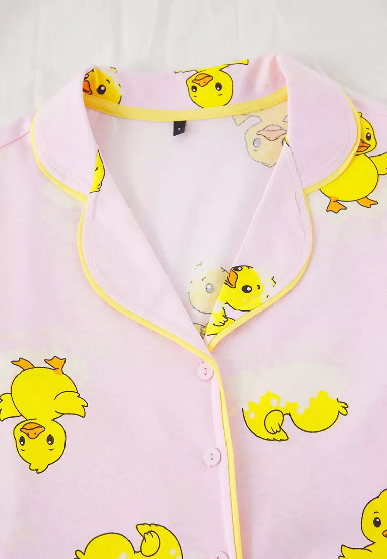 Pink 100% Cotton Duck Patterned Piping Shorts Knitted Pajama Set THMSS25PT00300