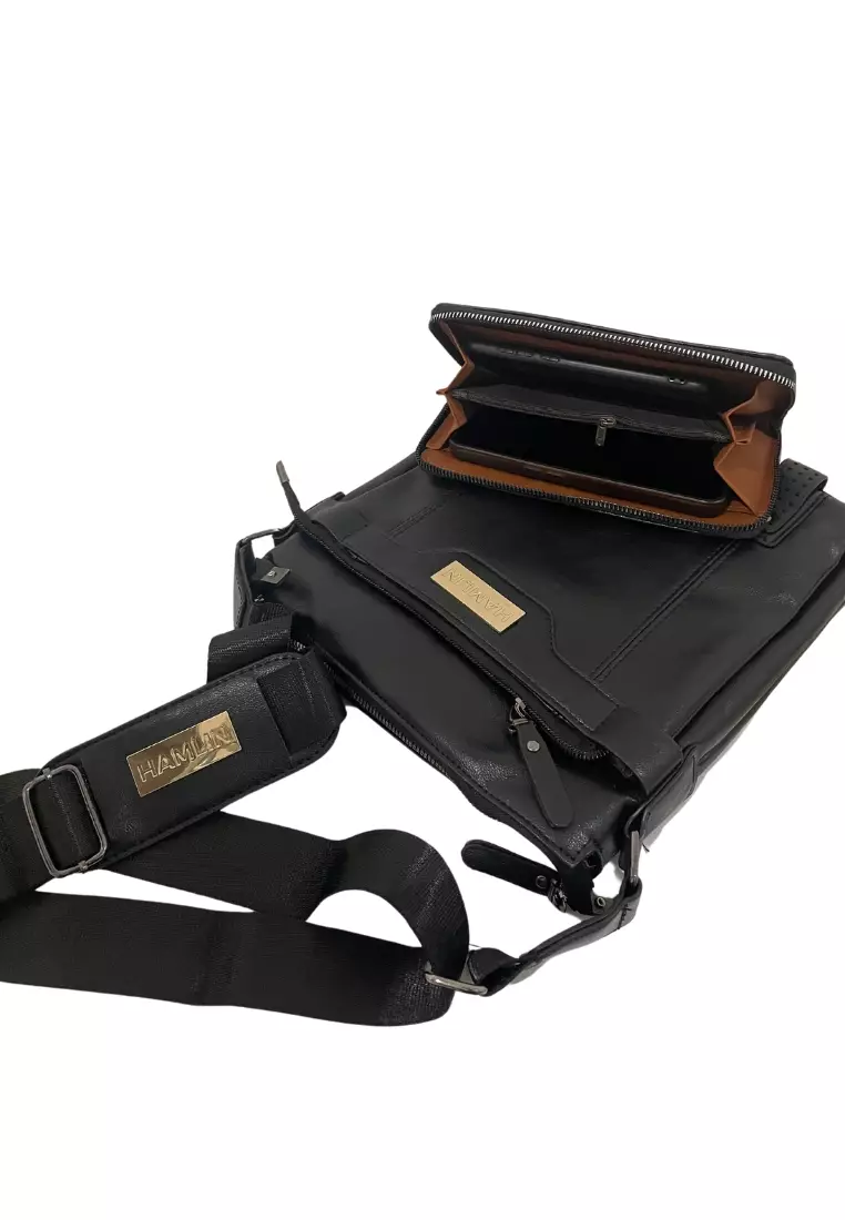 Roger Tas Selempang Messenger Crossbody Pria dengan Dompet Sling Bag Large Compartment Material Kulit Leather ORIGINAL - Black