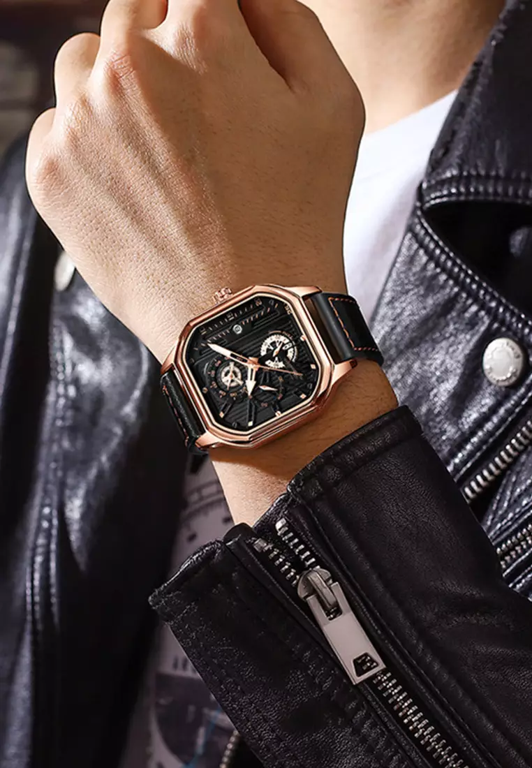 Jam Tangan Pria 9095 Kuarsa Olahraga Kasual Tali Kulit Pria Jam Tangan Cowok rose black