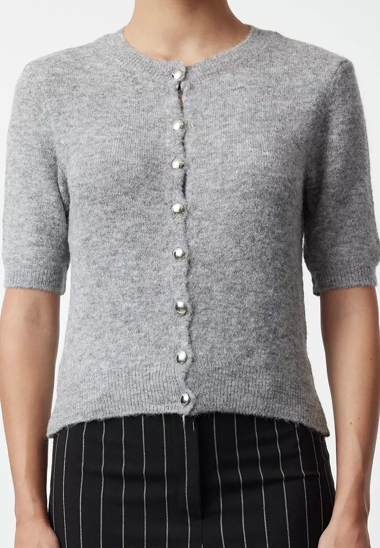Gray Crop Cotton Wool Knit Cardigan TWOAW25HI00152
