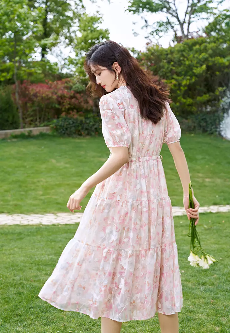 Puff Sleeve V-Neck Ruched Floral Dress with Waist Tie