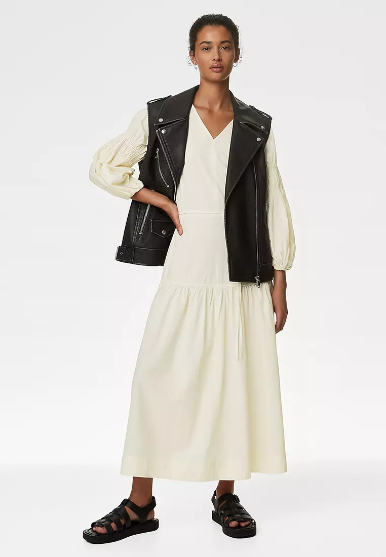 Cotton Blend V-Neck Midi Tiered Dress