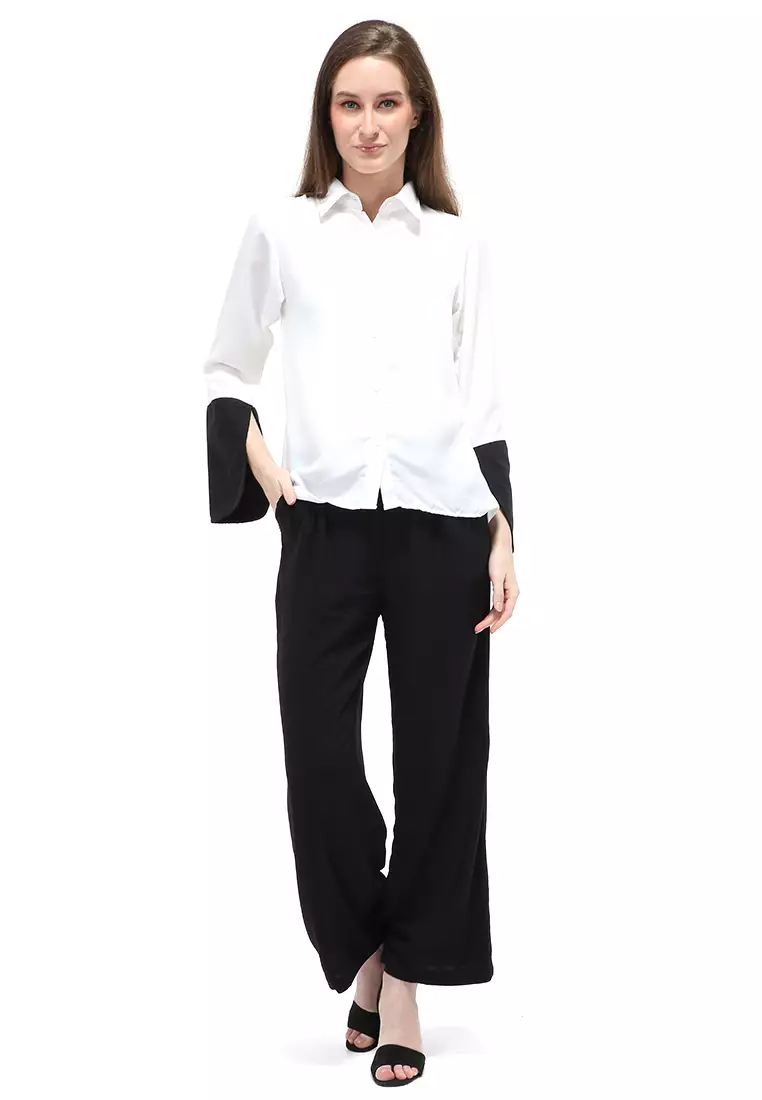 Sahila Blouse Short Sleeves Wanita Motif Polos Atasan Casual - Putih