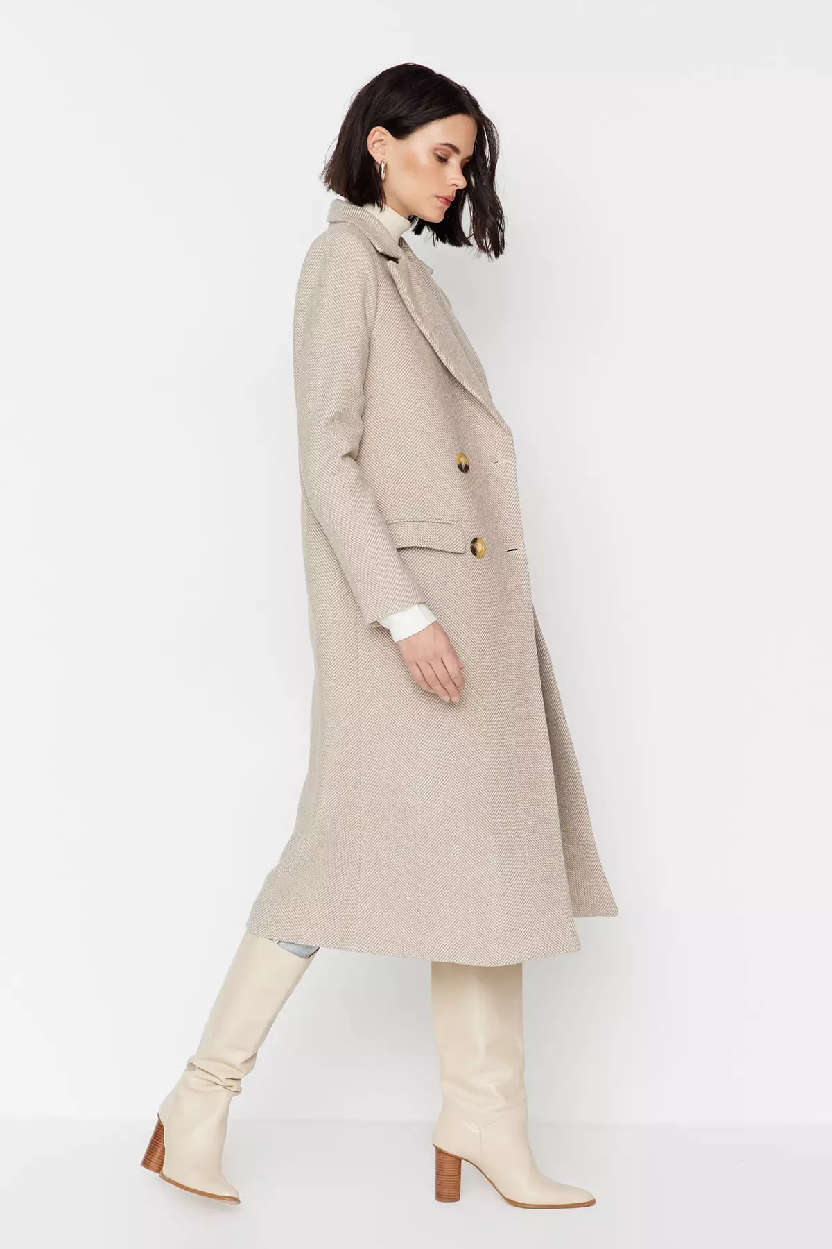 Herringbone Patterned Long Stamped Coat