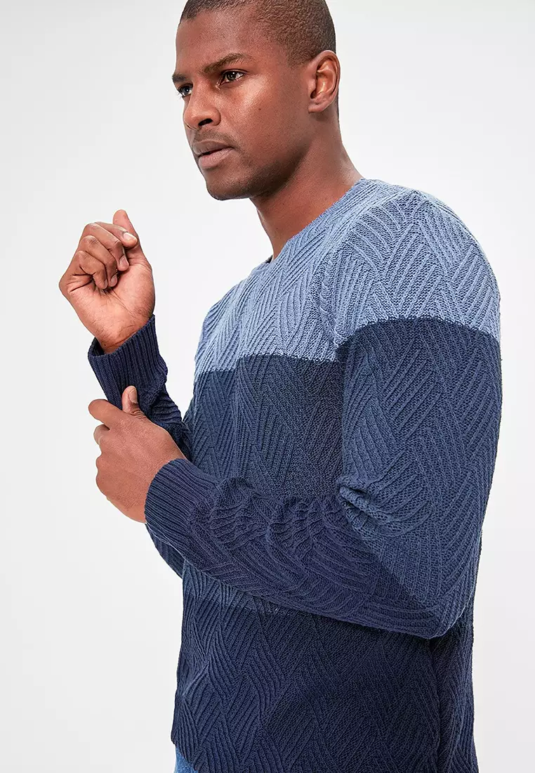Indigo Regular Crew Neck Color Block Sweater Tmnaw20Ls0026
