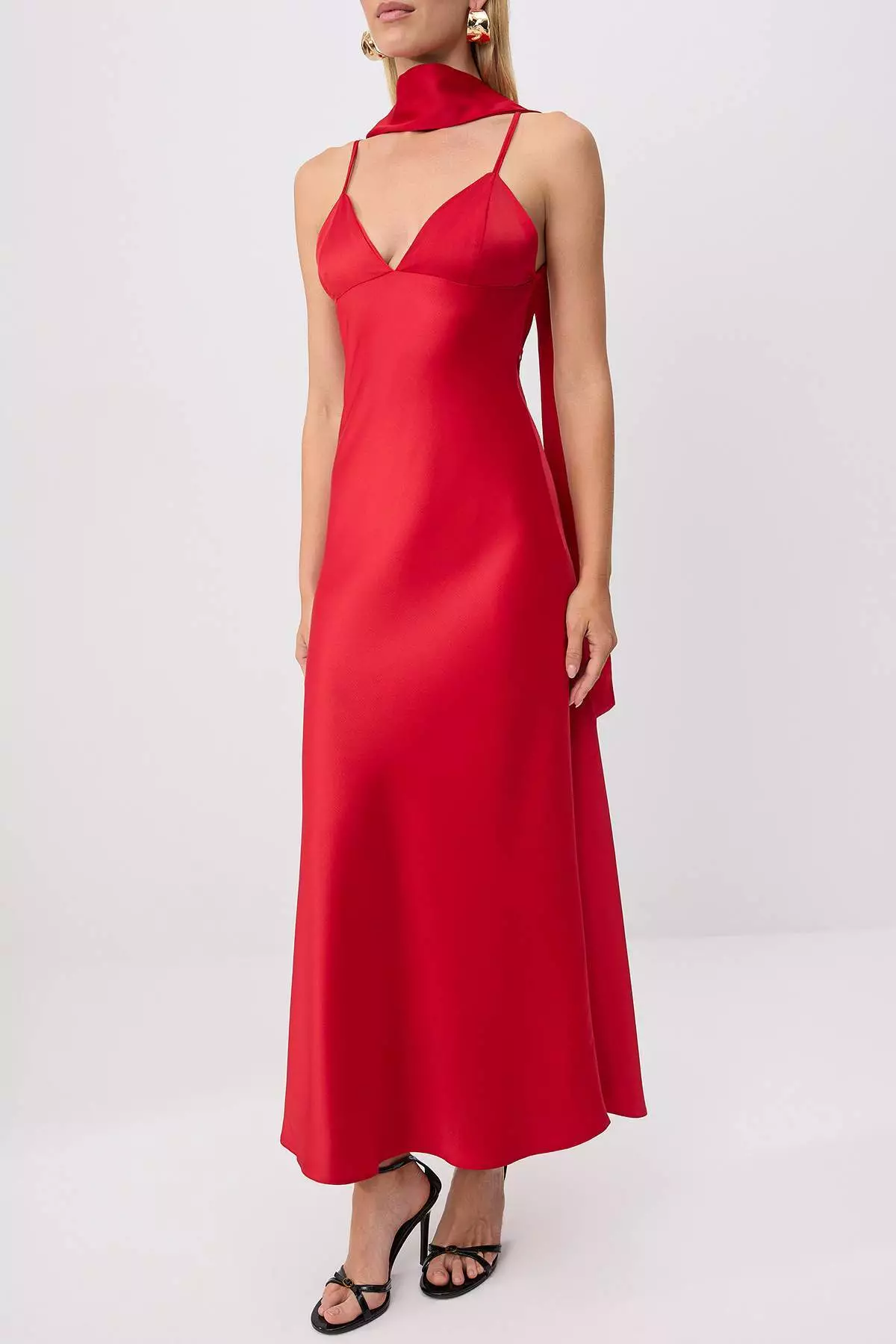 Light Red Shawl Detailed Satin Woven Maxi Evening Dress Evening Graduation Dress Tprss25El00312