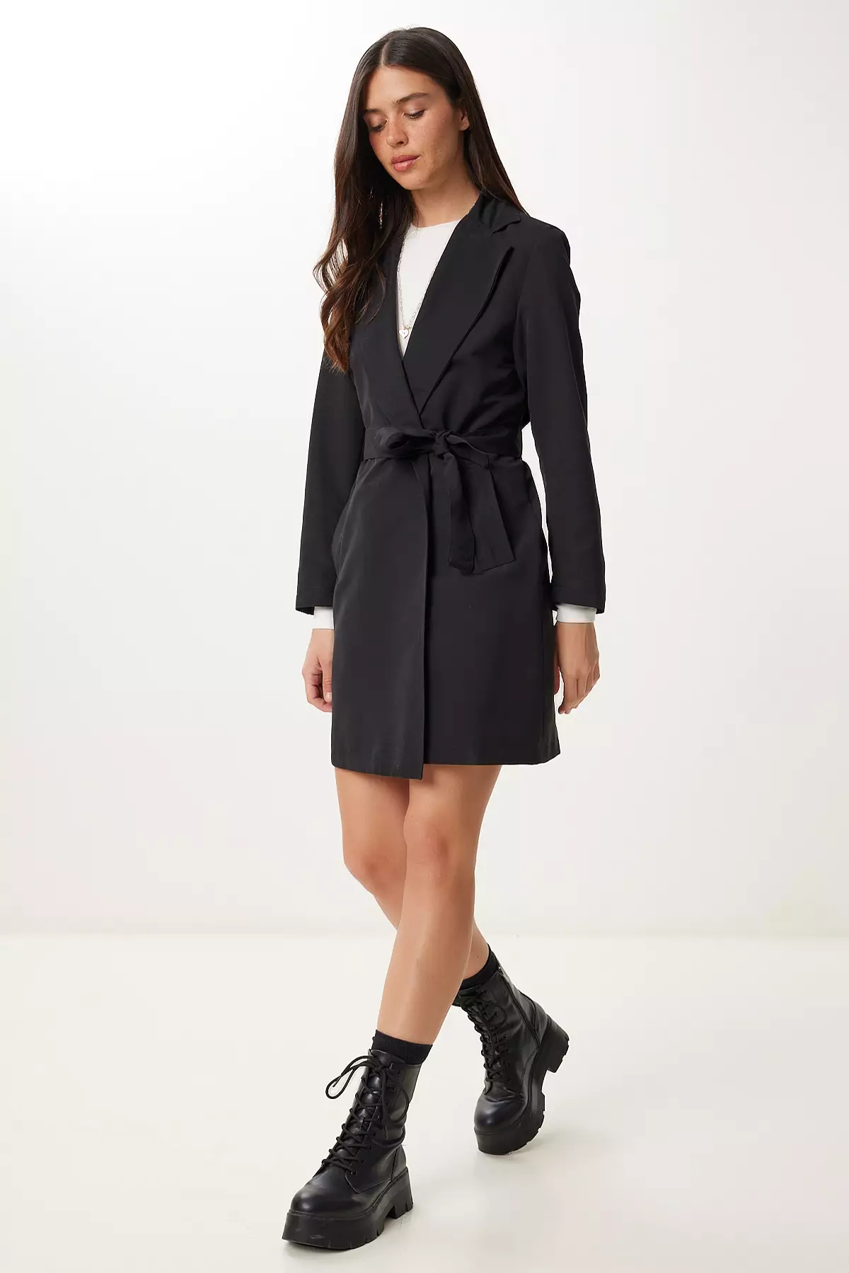 Women's Black Belted Short Woven Trench Coat Gp00027
