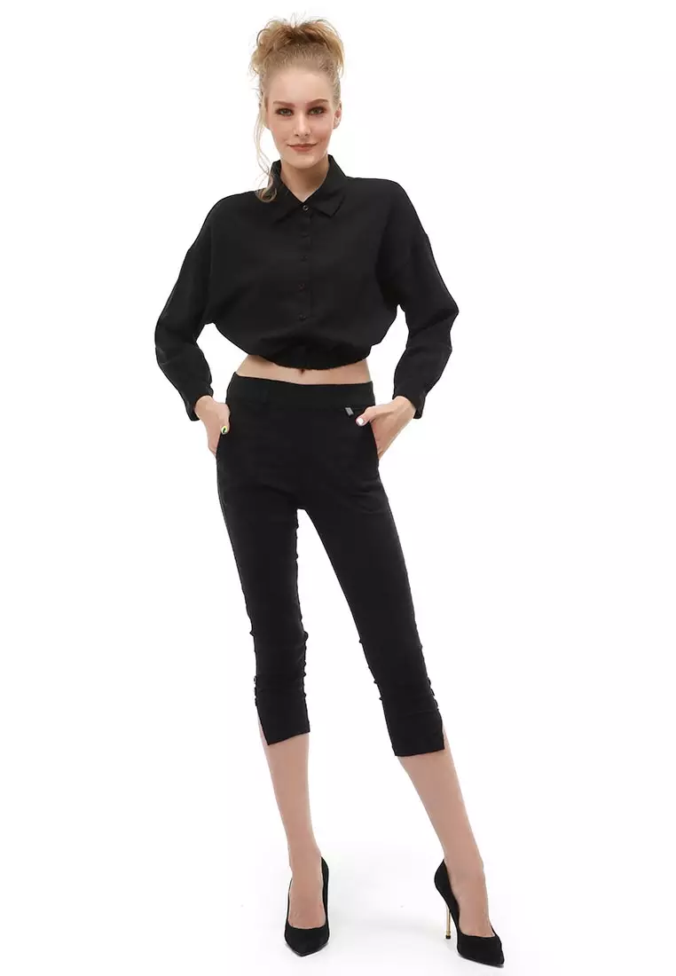 Holly Atasan Kasual Wanita Kemeja Lengan Panjang Shirt Long Sleeve Variasi Karet Pinggang Material Woven ORIGINAL - Black