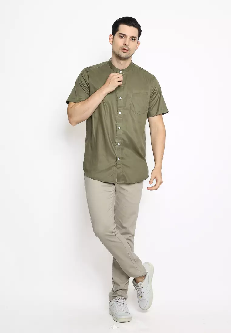 MAGINOT Kemeja Pria KOKO Basic Polos Lengan Pendek DARK OLIVE