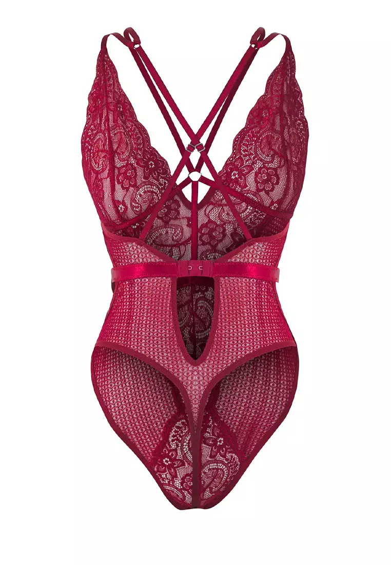 Dark Cherry Lace Openwork/Hole Piping Detail Knitted Bodysuit Without Cover THMSS25BD00002