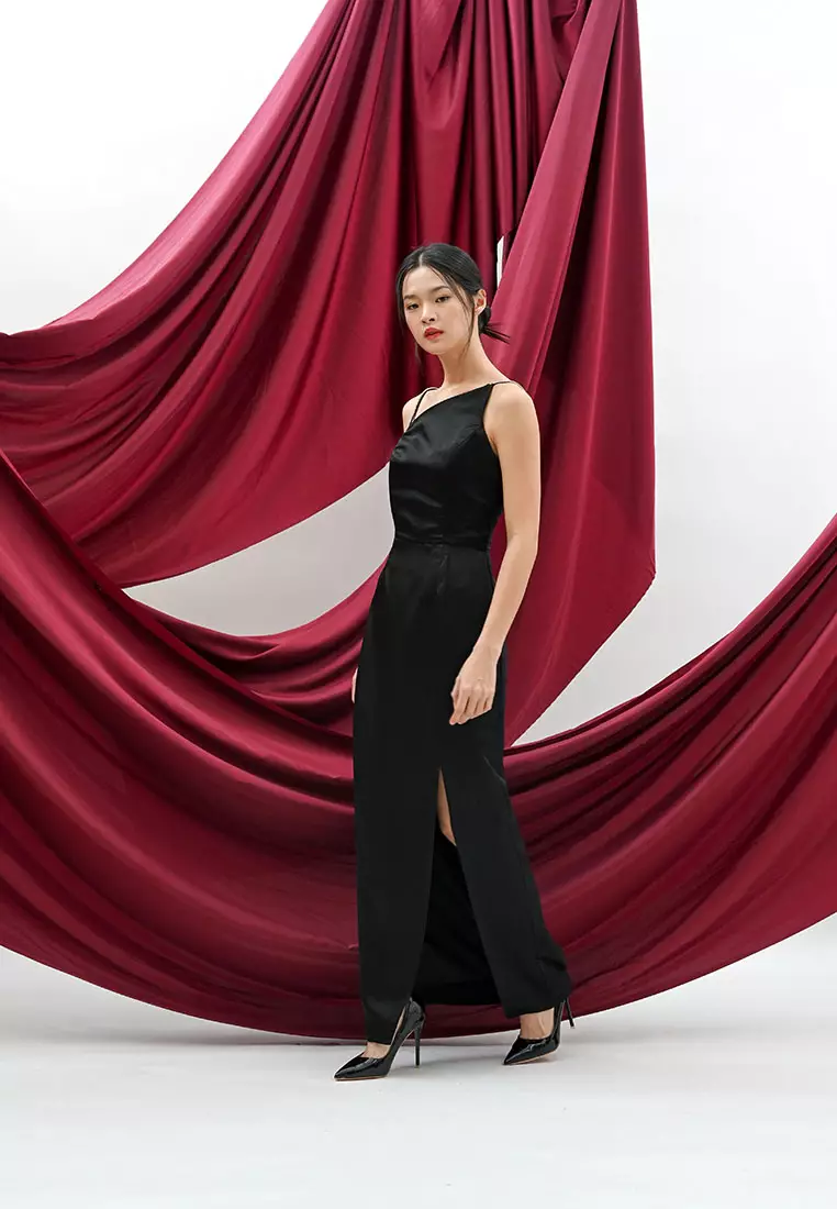Rhinestone Asymmetric Satin Maxi Dress in Black