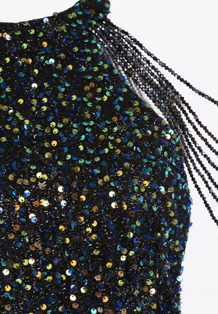 2025時尚掛脖性感水晶亮片流蘇連衣裙CA081626