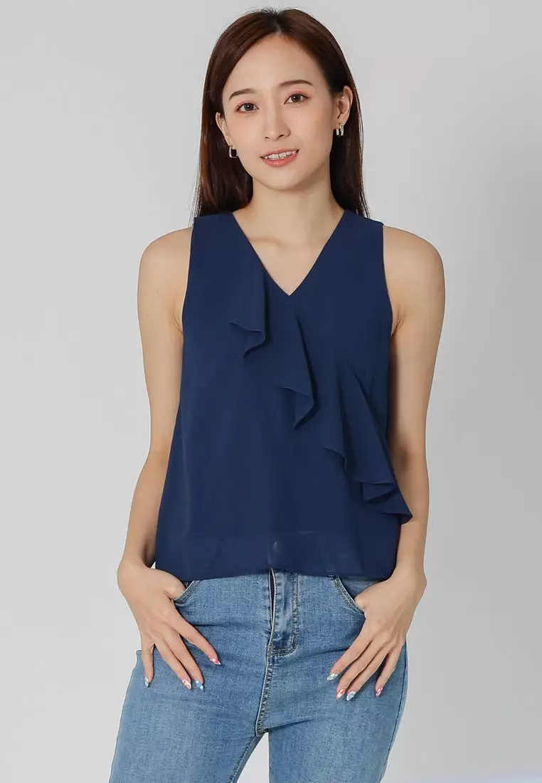 Buy MMRS. Garb Eillie Slant Ruffles Top - Navy Online | ZALORA