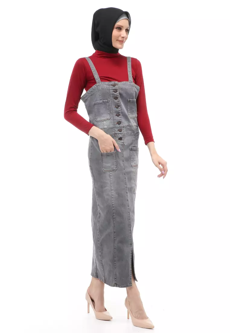 Ellida Overall Wanita Jeans Rok Kodok Regular Fit - Grey