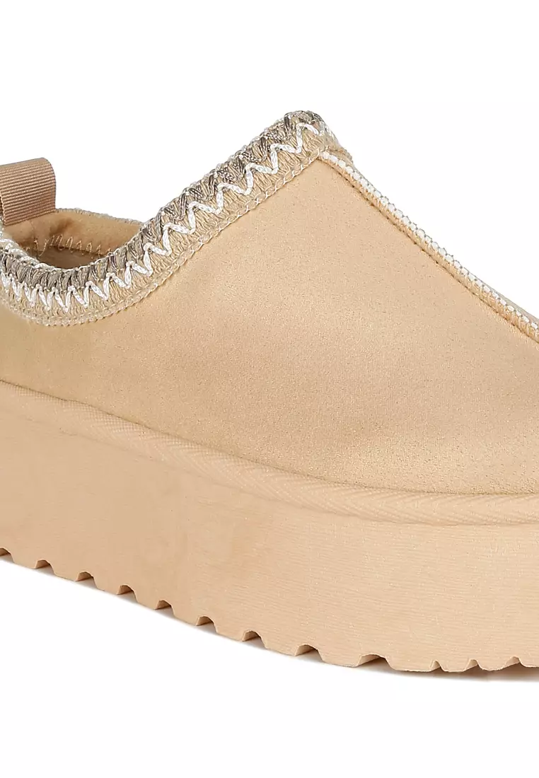 Sandal Slip-On Klasik Berbulu Platform Bordir Beige