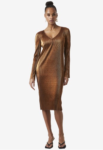 French Connection gold Taina Metallc Pleated Jersey Dress 1B29DAA09BF6AAGS_1