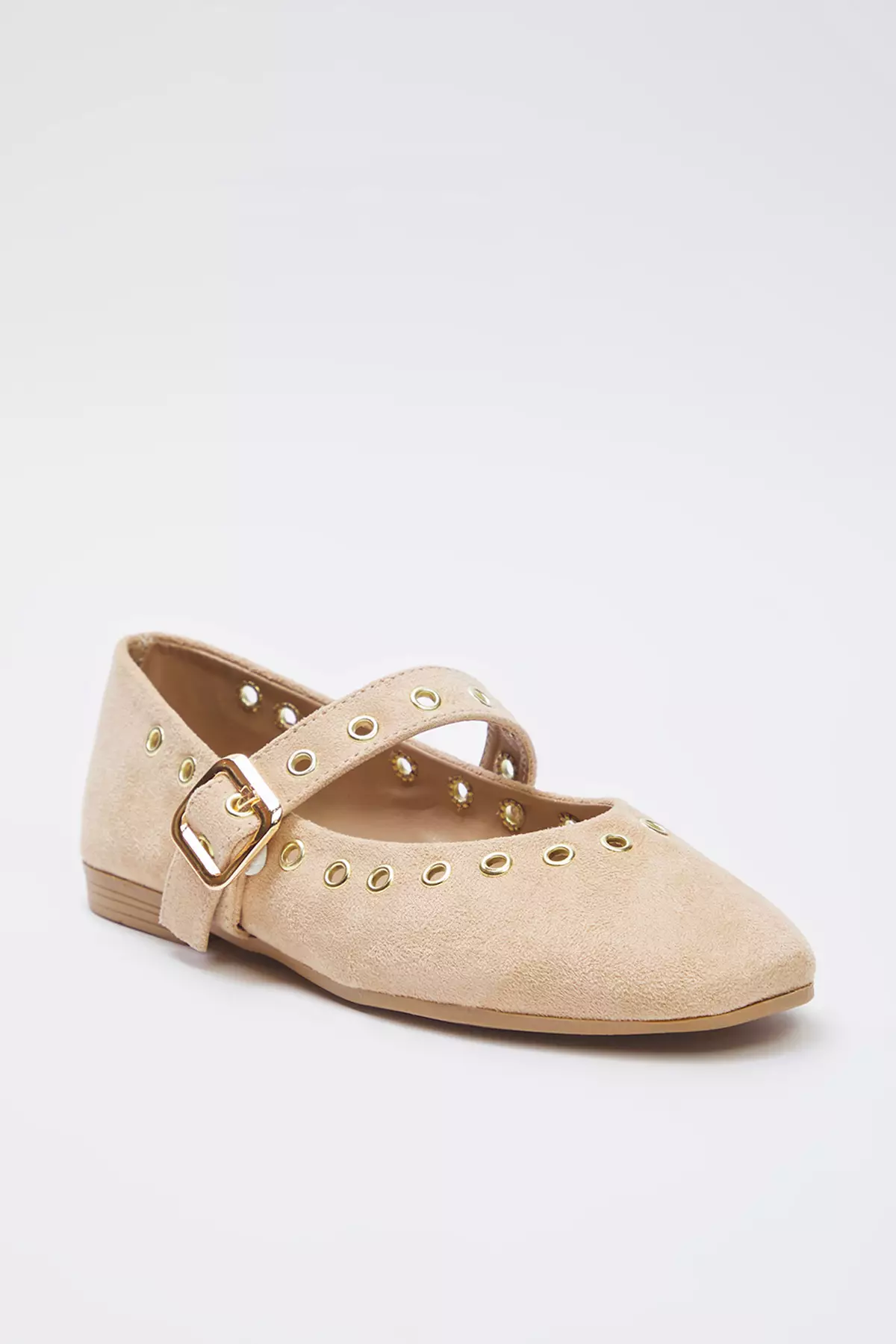 Beige Suede Eyelet Detailed Buckle Almond Toe Women's Ballerina Flats Takss25Be00039