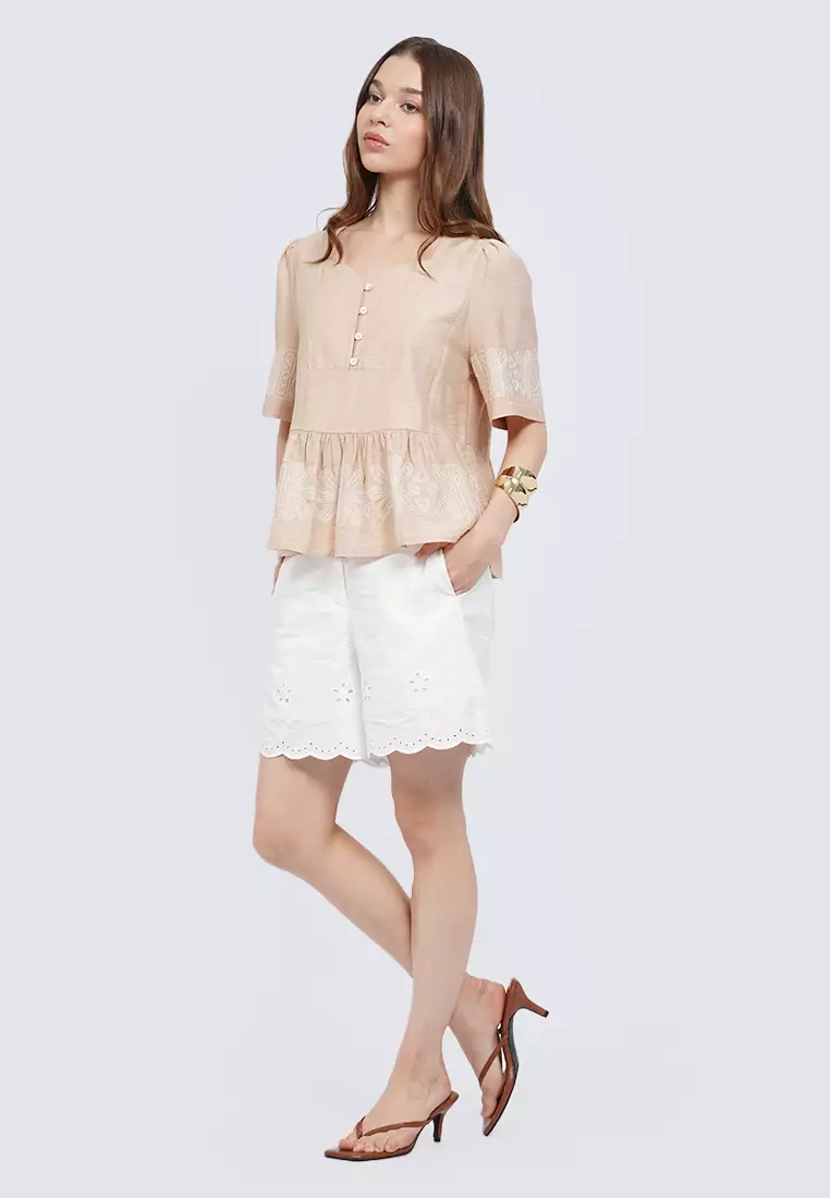 Sweetheart Neck Embroidered  Blouse KHAKI