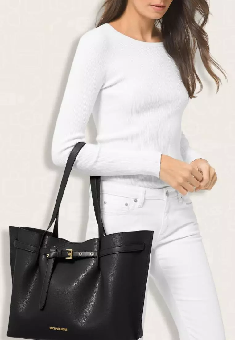 Michael kors black leather tote bag on sale