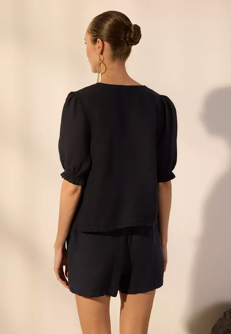 Navy Blue 100% Linen Binding Detailed Shirt TWOSS25GO00123