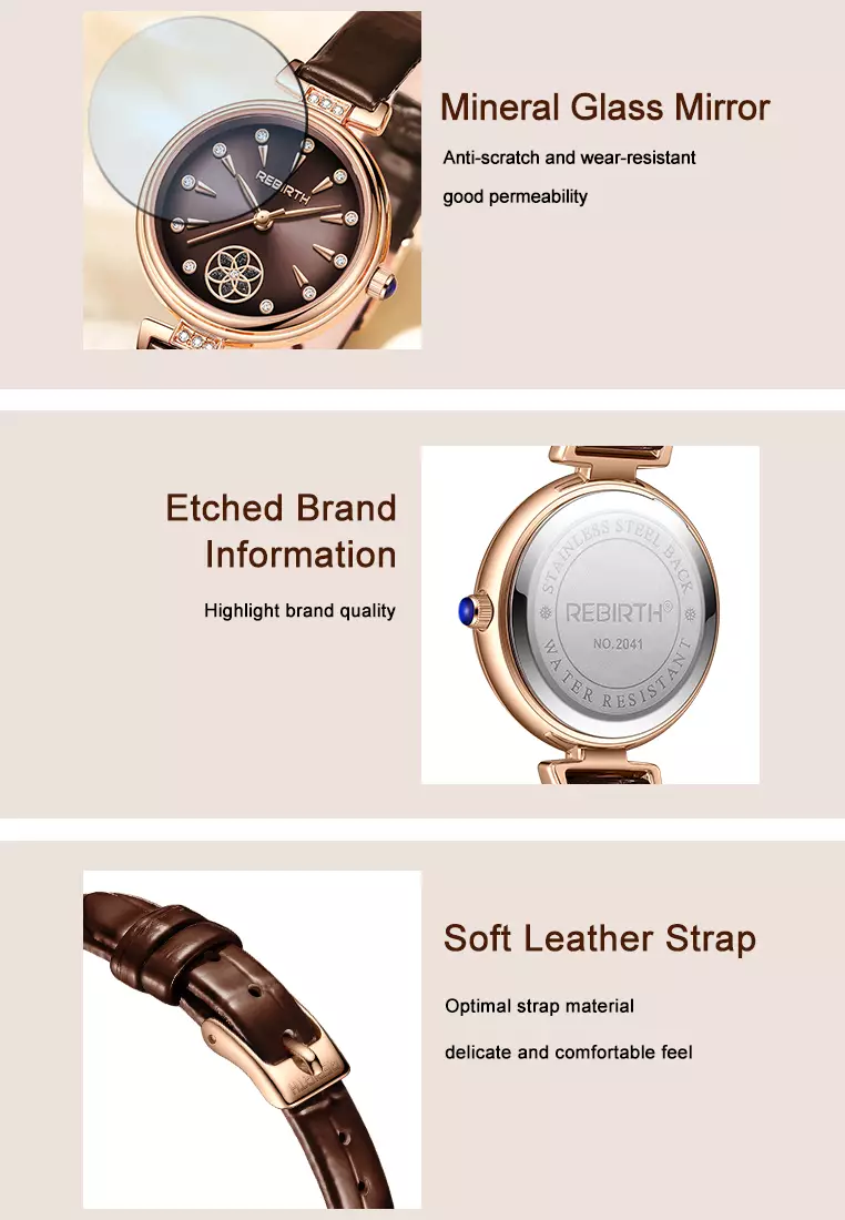 Jam Tangan Wanita Berlian Anggun Anti Air Kuarsa Tali Kulit Gaya Korea Jam Tangan Cewek warna cokelat