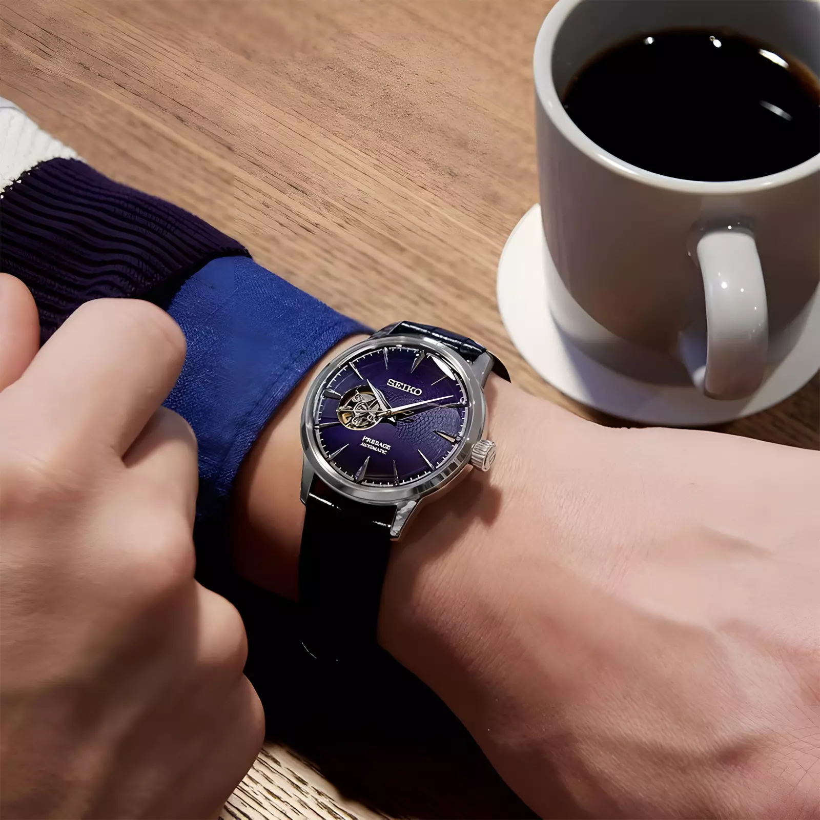 Seiko Presage - Jam Tangan Analog Wanita - Cocktail Blue Moon Open Heart Dial Black Leather Strap - SSA785J1