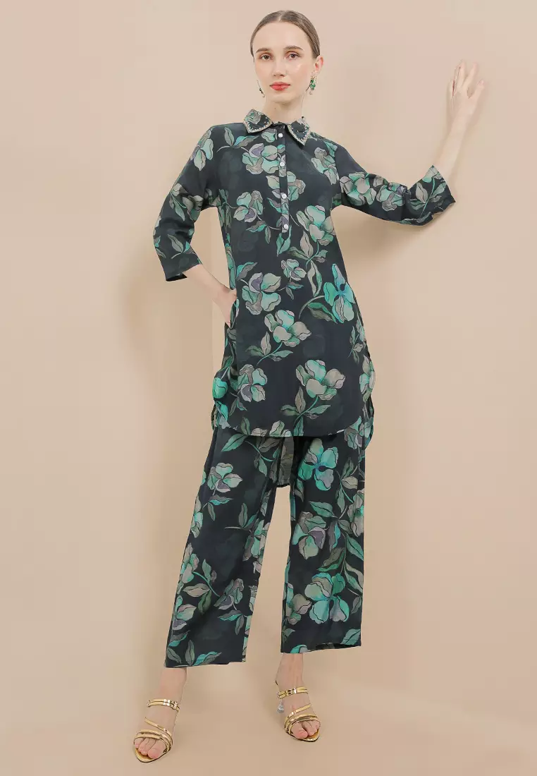Chanira Festive Hana Tunic Set - Bottle Green Print