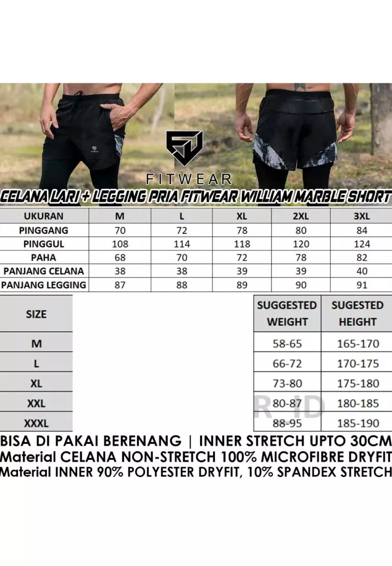 Fitwear - Celana Lari + Legging Pria WILLIAM MARBLE SHORT - BLACK
