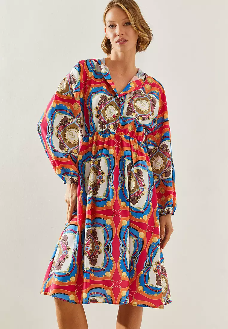 Women's Elastic Waist Chain Patterned Hooded Dress 21805 60251727