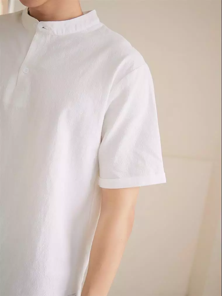 Breathable Cotton-Linen Solid Color Henley Short-Sleeve Top [KL1530]