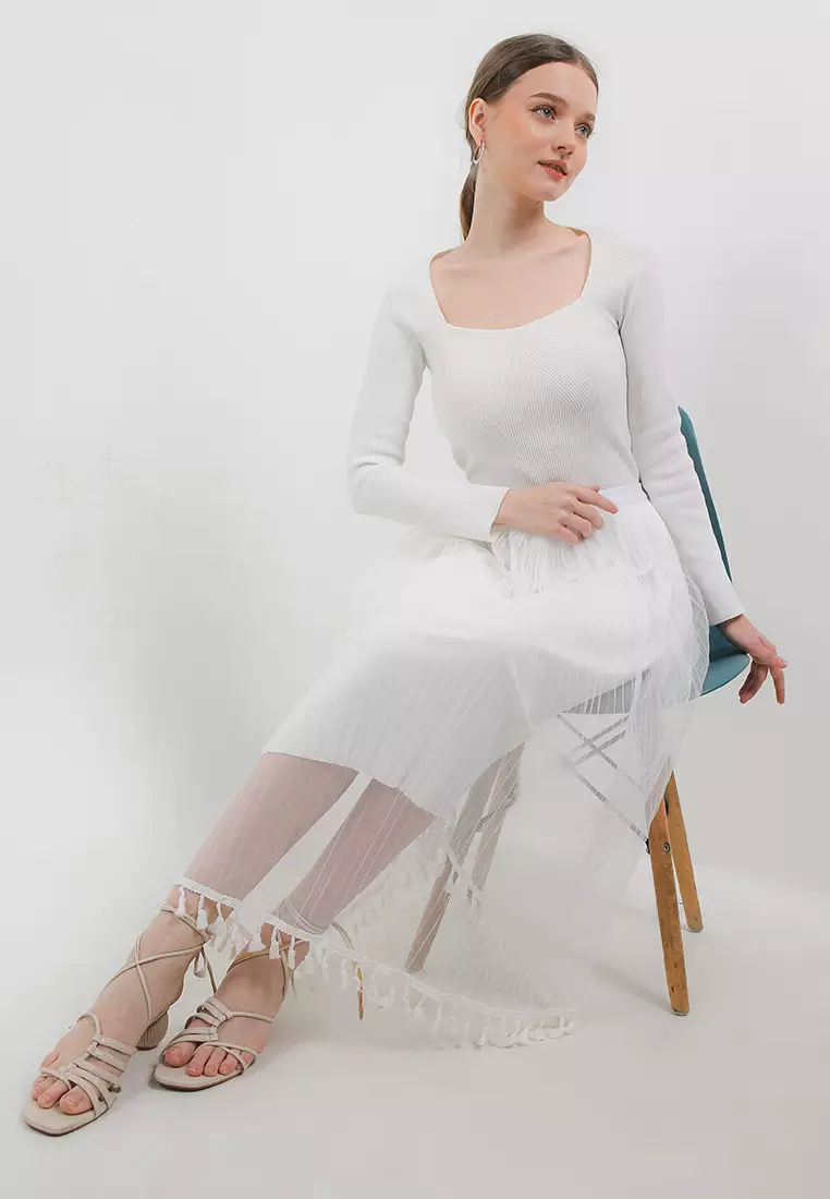 Pleated Tulle Skirt W/ Tassel Hem