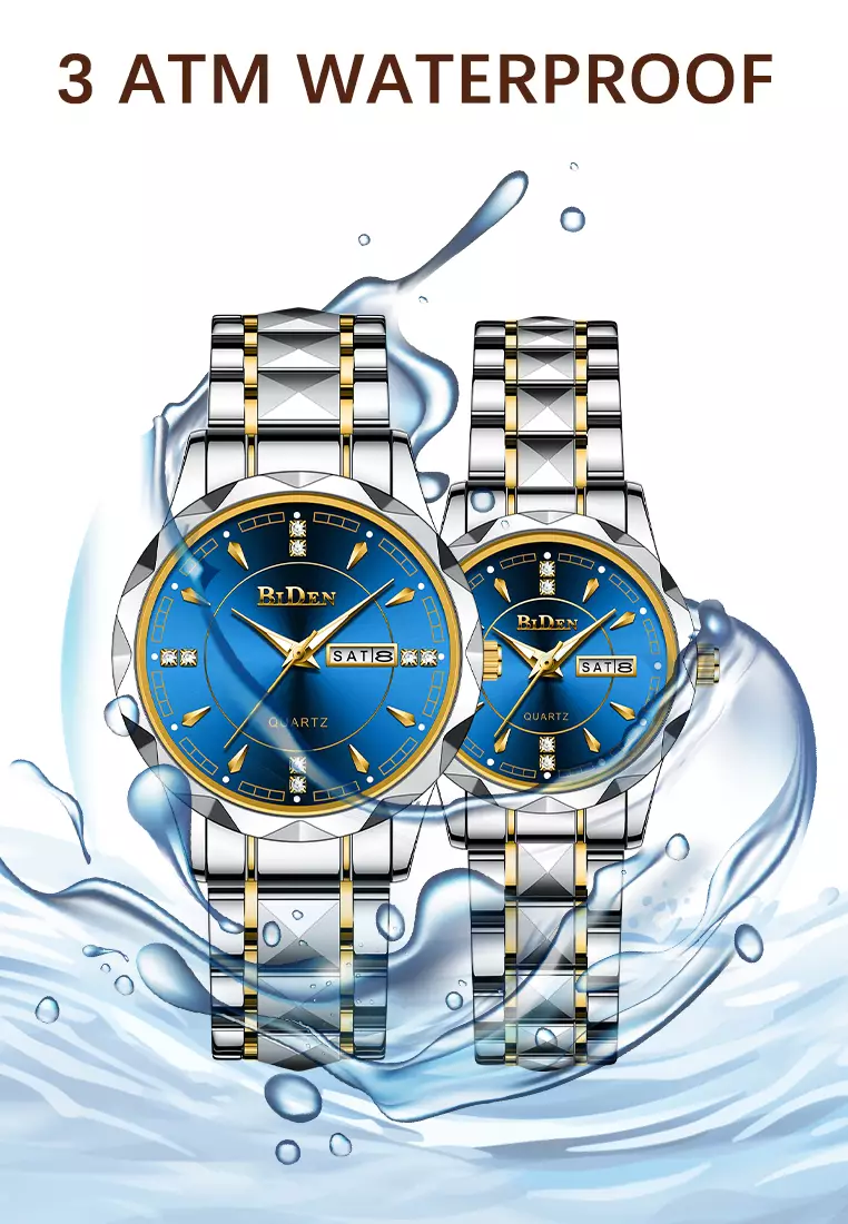BIDEN Jam Tangan Couple Pasangan Anti Air Original Kalender Bercahaya Luminous Stainless Steel Analog Couple Watch Biru