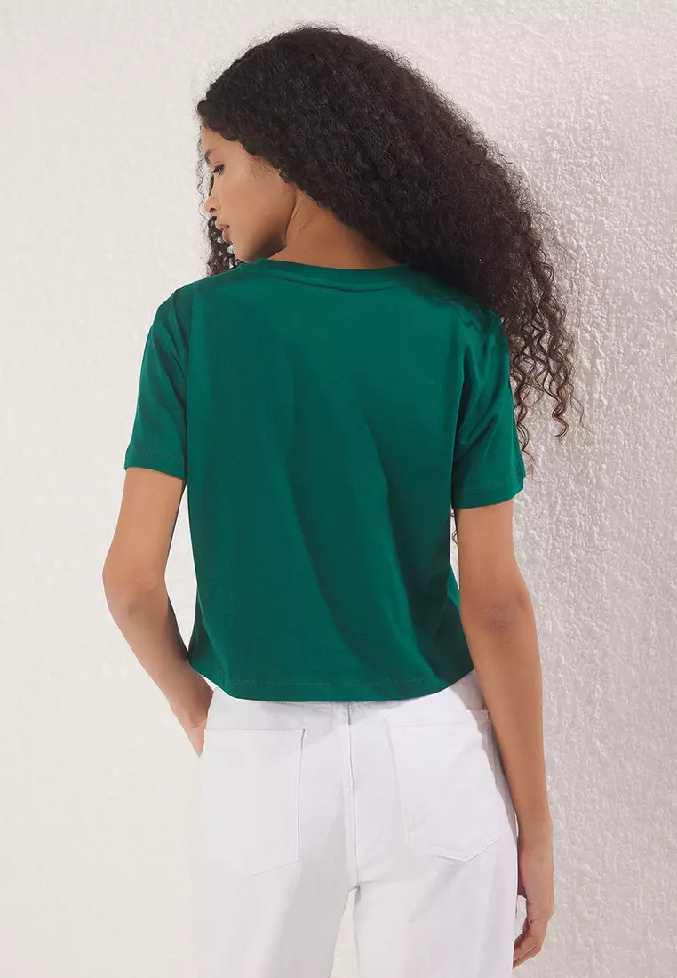 Emerald Green Slogan Printed Regular/Normal Pattern Knitted T-Shirt Twoss23Ts00125