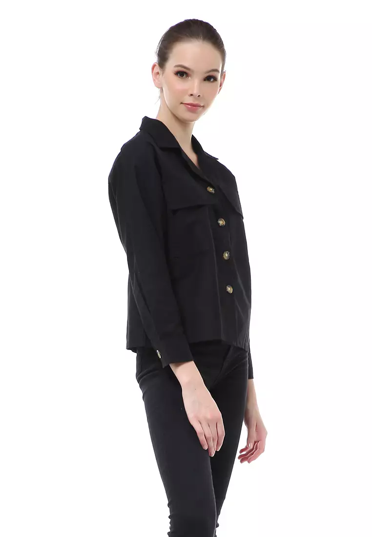 Brielle Atasan Wanita Kemeja Pocket Plain Motive Lengan Panjang Material Linen ORIGINAL - Black