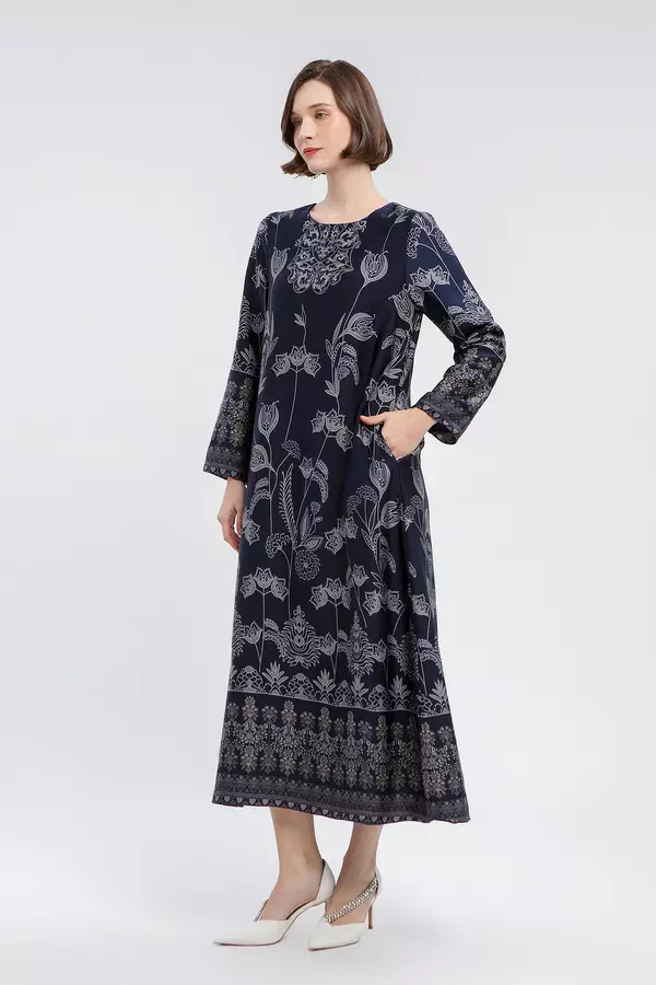 MINIMAL - Aydin - Floral Print Dress - Navy Warna Navy - Manzone & Minimal