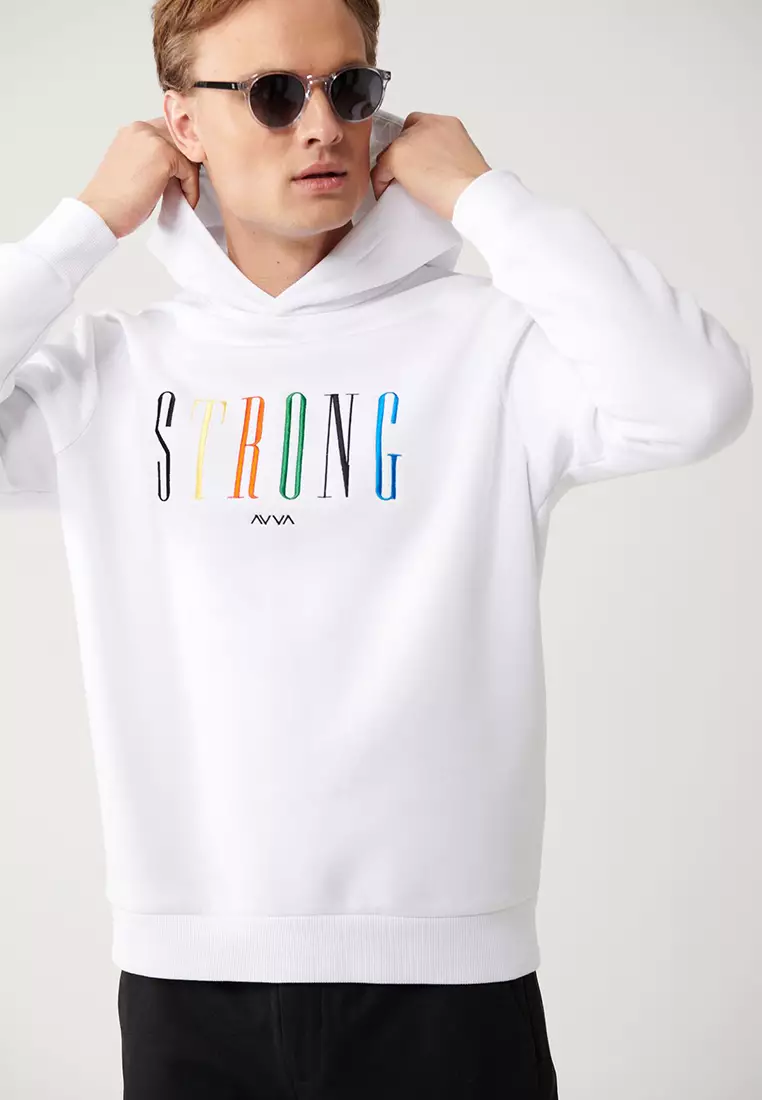 Men's White Hooded 3 Thread Raised Embroidered Sweatshirt A32Y1380