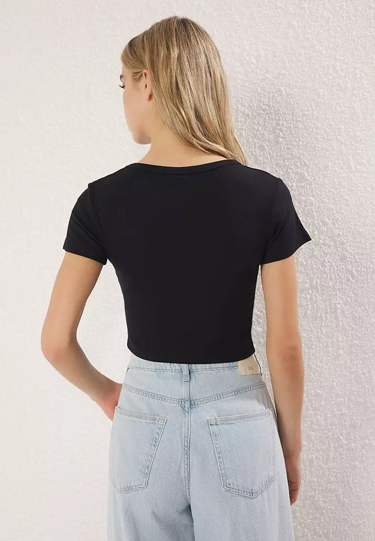 Premium Light Yellow-Black 2'Li Package Crop Soft Fabric Stretchy Knitted Blouse Twoss23Bz00108