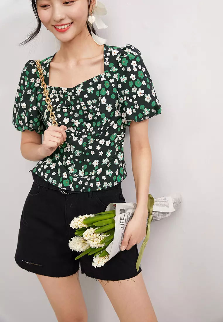 Puff Sleeve Square Collar Floral Blouse