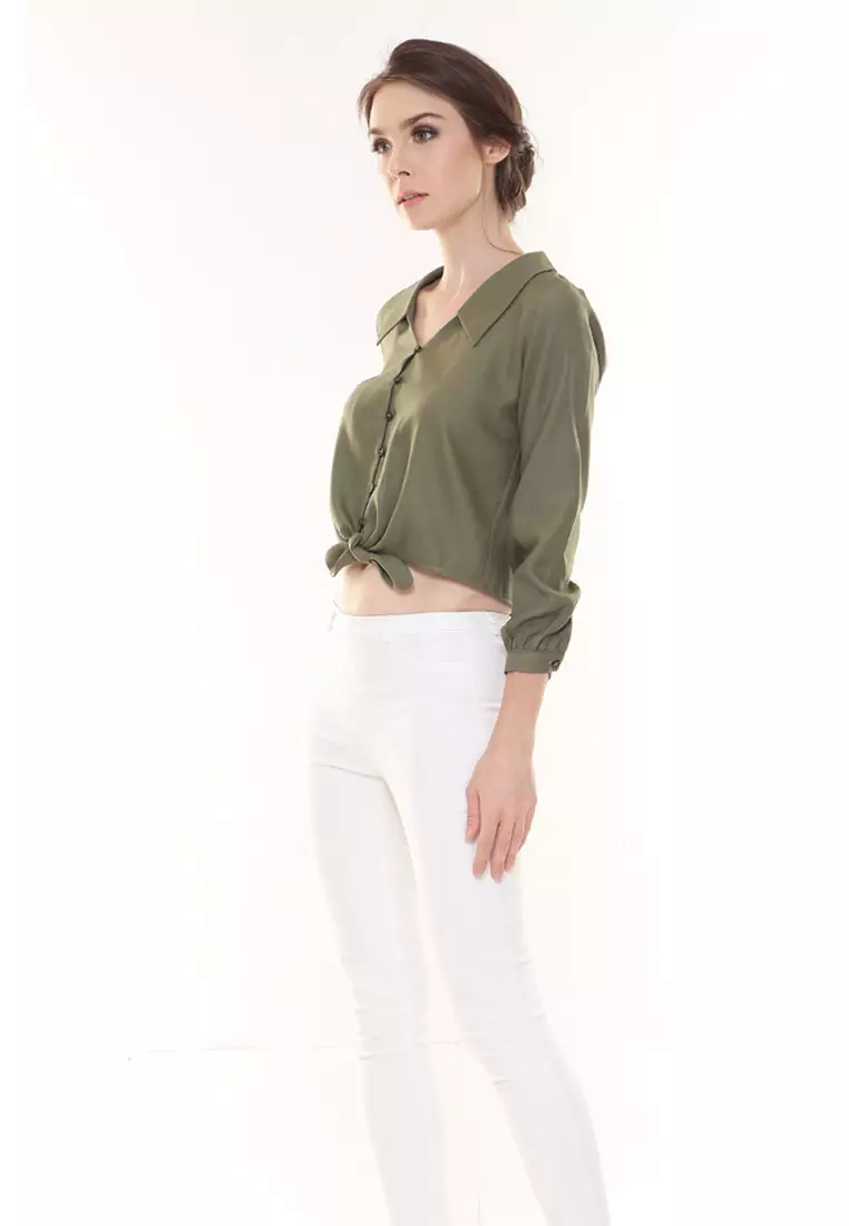 Evelyn Top Button Ribbon Tied up in Olive Green