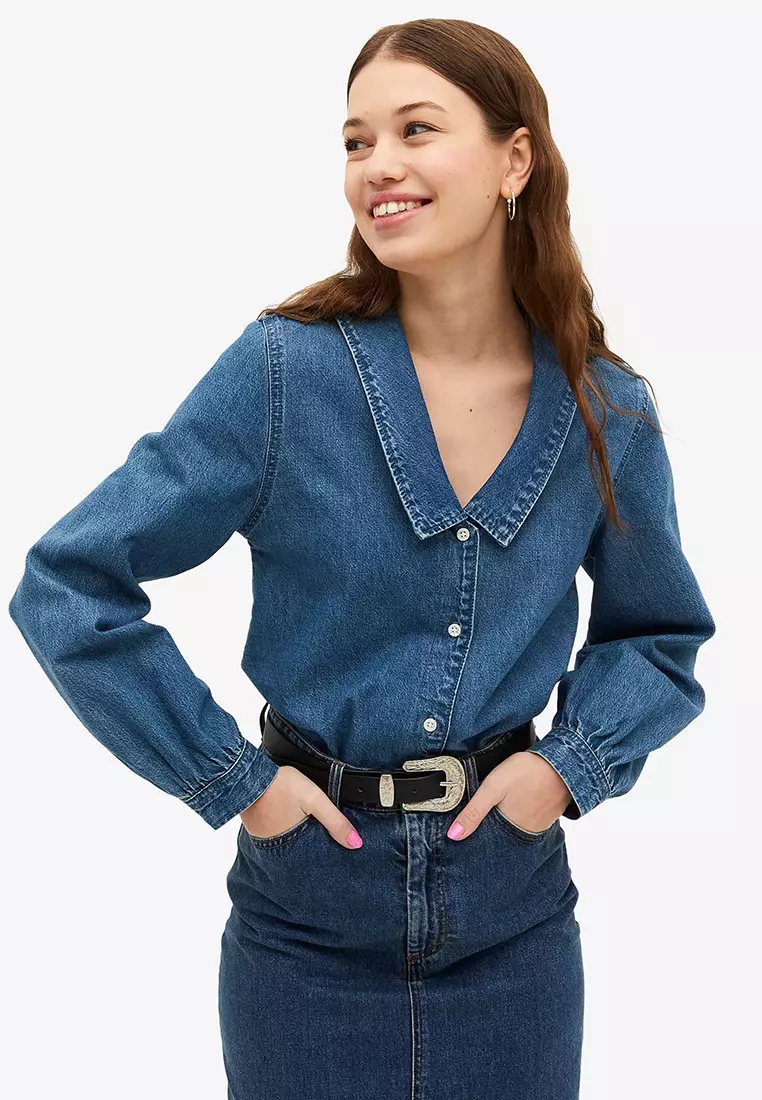 Buy Monki Denim Shirt With V Neck Collar 2024 Online