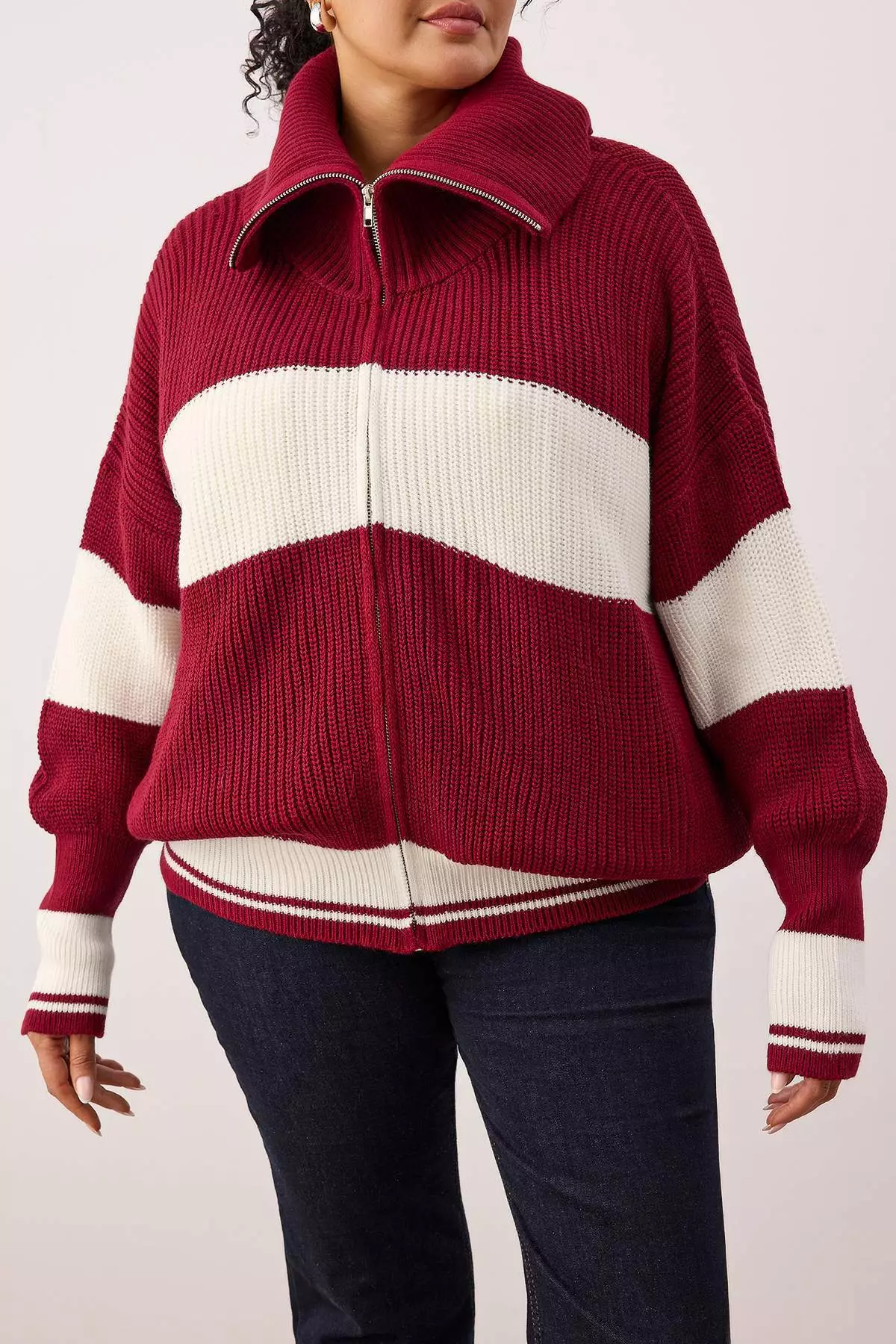 Burgundy Striped Turn-Down Collar Zippered Knitwear Cardigan Tbbaw25Av00009