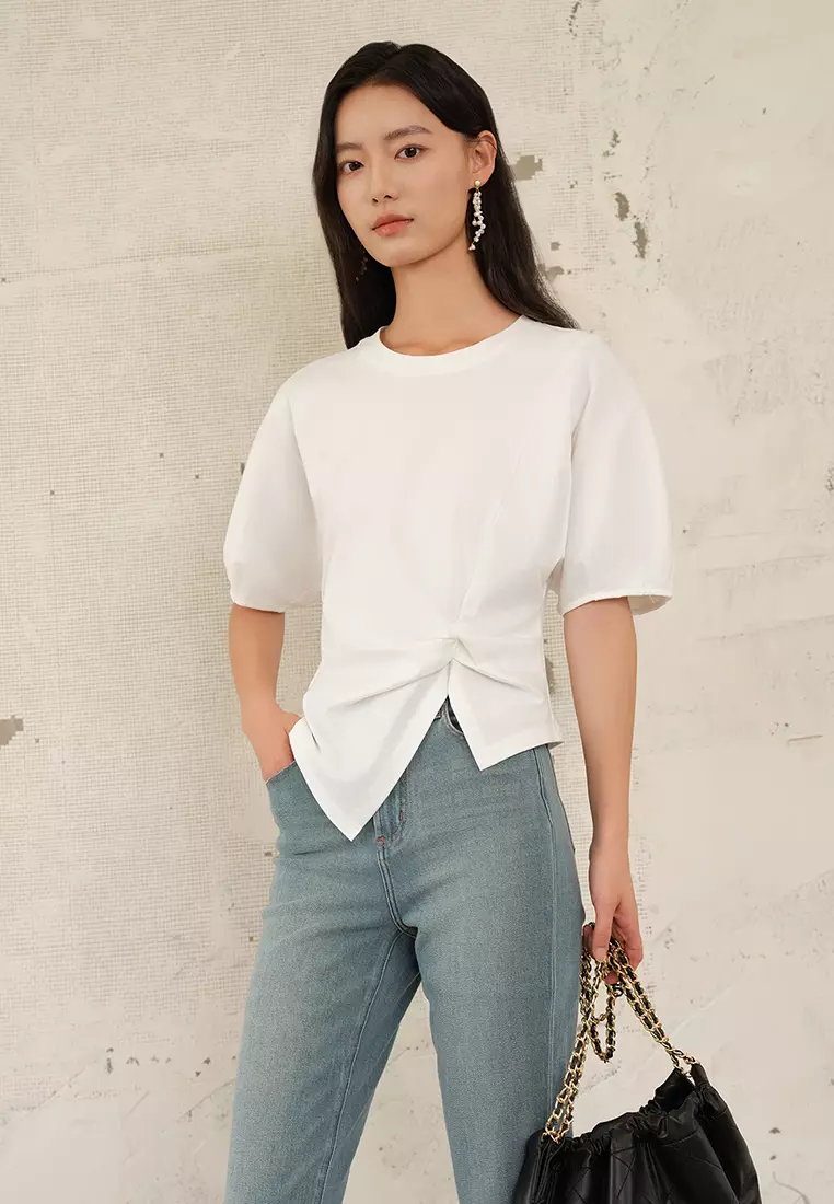 Summer knitted unique waist puff sleeve top CA25061716W