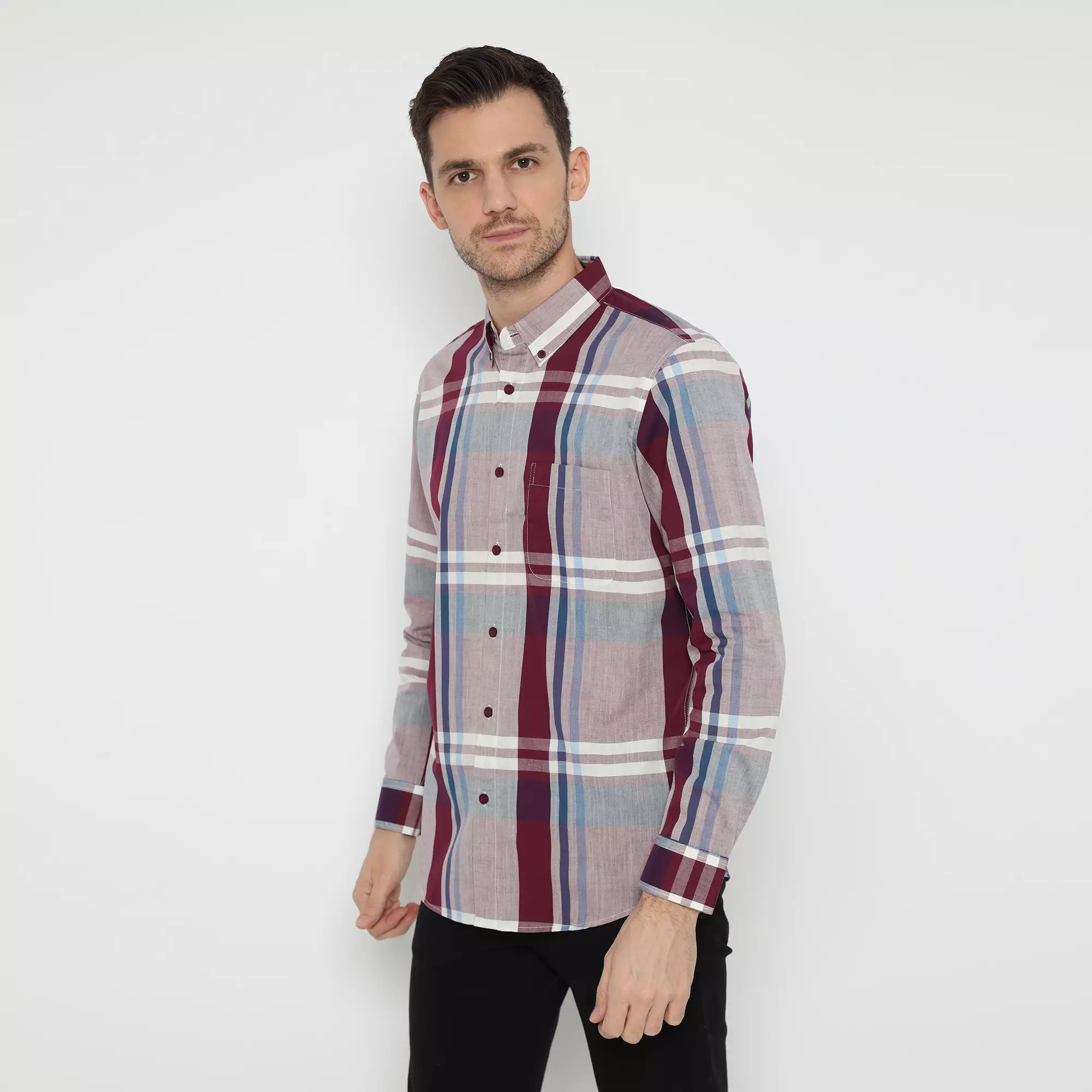Platini Baju Kemeja Pria Lengan Panjang Kotak-Kotak Katun Maroon 76481