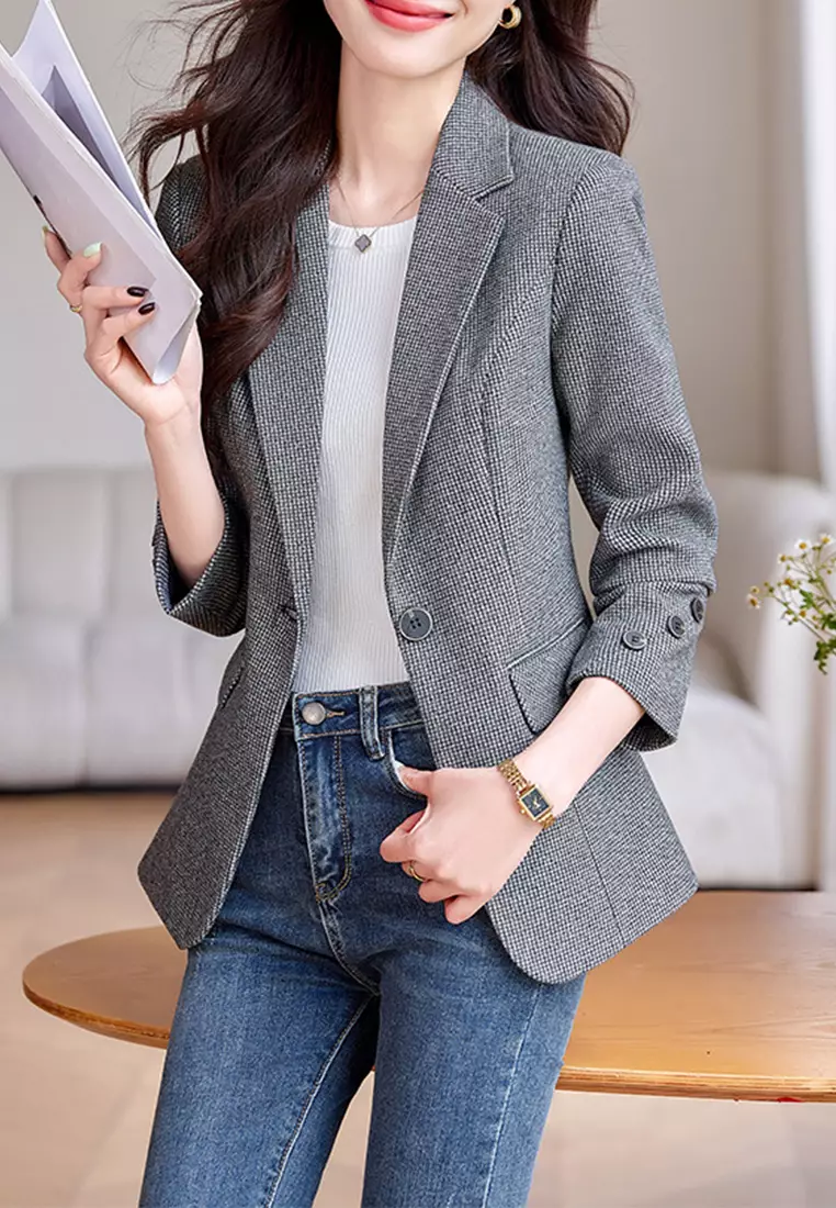 Fashionable Plaid Slim Cut Suit Jacket YGH-EH8886